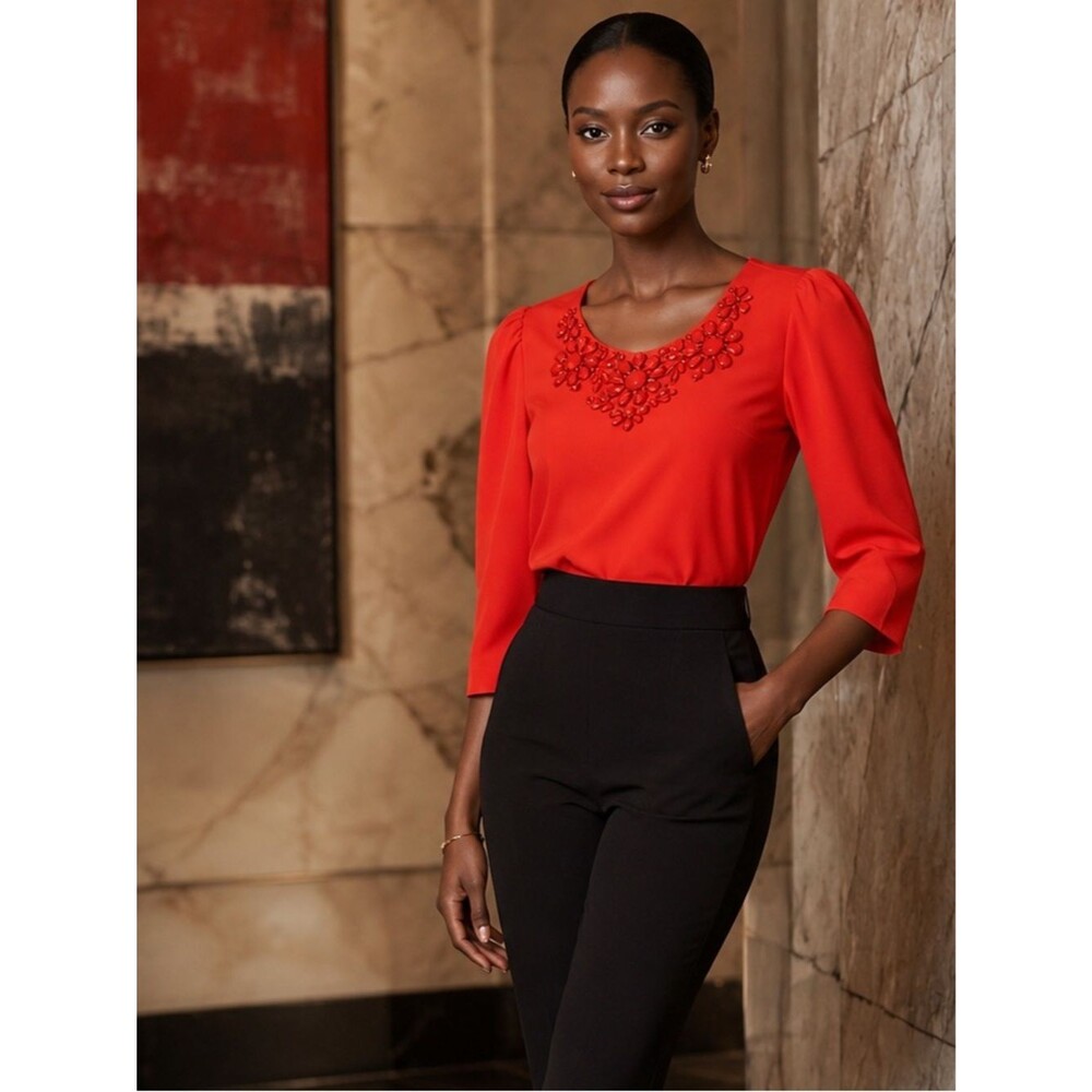 Kate Spade NY Live Colorfully Red Jewel Embellished Neckline Blouse 3/4 Sleeve 4